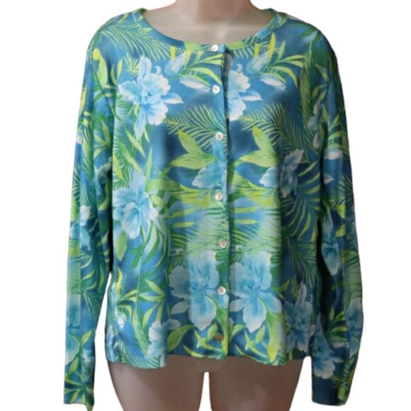 United States Sweaters Vintage Tropical Floral Cardigan Blue XL Made in USA - Picture 1 of 11